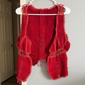 Red Lace-Up Suede Crochet Vest